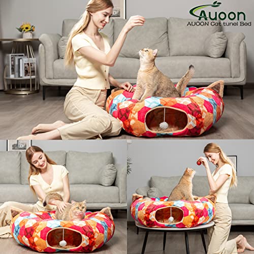 AUOON Cat Donut Tunnel with Bed for Kitten Puppy Rabbit Ferret, Orange | 2-in-1 Interactive Cat Toy, with Hanging Ball Toy, Machine Washable Center Pad, 36"L x 36"W x 10.7"H - color: Orange