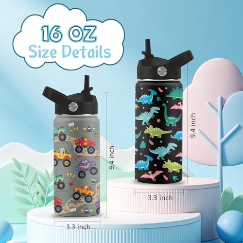 16 oz Water Bottle with Straw Lid, 2 Pack Set, Truck Dinosaur Gifts for Boys Girls, Stainless Steel Insulated Water Bottles for School Travel Outdoor Sports, Truck Dinosaur Cup Birthday Gifts - color: Trucks and Dinosaurs