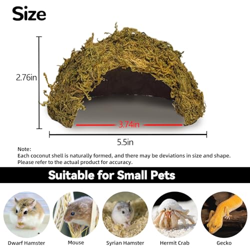 kathson Hamster Hideout House,Natural Mossy Coconut Hut Hides Hideaway | Pet Hiding House, Small Animal Cage Accessories for Mouse Mice Rat Gerbil Reptiles - size: 1 Pcs Small