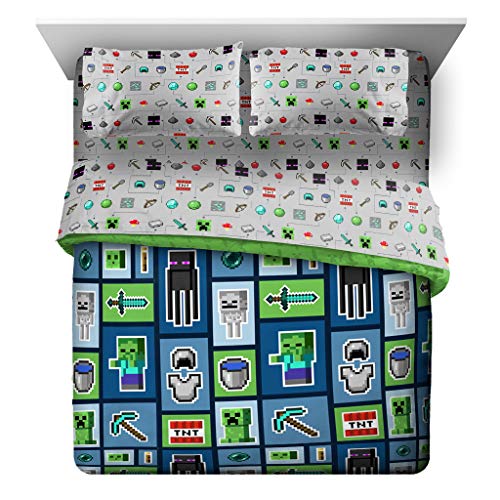 Minecraft Creeper Queen Comforter Set 5 Piece Kids Bedding for Boys, Multi | Zombie, Bed in a Bag, Comforter Sheets Pillowcases, Official Product, Soft Microfiber, Machine Washable, Boys Gift - color: Multi - Minecraft, size: Queen