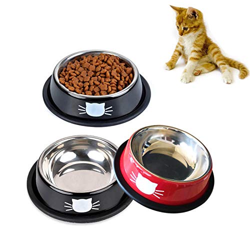 3 PCS Cat Bowls, SUOXU Stainless Steel Pet Bowls Non-Skid Base Leak-Proof Cats Food Bowl, Metal Cat Feeding Bowls for Cats - color: Black*2/red