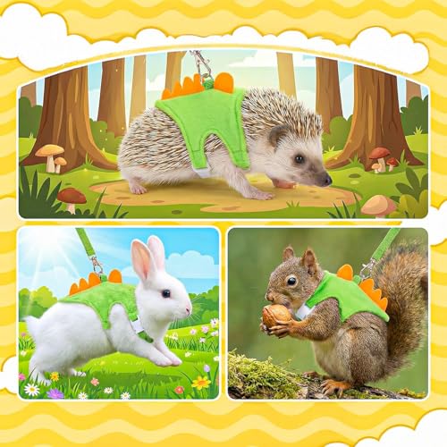 Dinosaur Shaped Harness and Leash Set, Adjustable Small Animal Harness for Hedgehog, Ferret, Guinea Pig, Hamster, Soft Plush Material, Safety Bell, Green