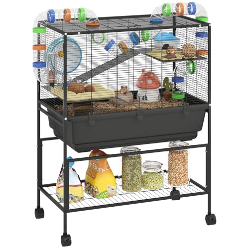 PawHut Large Hamster Cage with Deep Tray, 3 Tier for Syrian Gerbil Mouse | Rolling Rat Cage, Storage Shelf, Big Exercise Wheel, Tube System, Hut, Platforms, Ramps, Food Dish, Water Bottle - size: 32.3"L x 17.7"W x 41.9"H