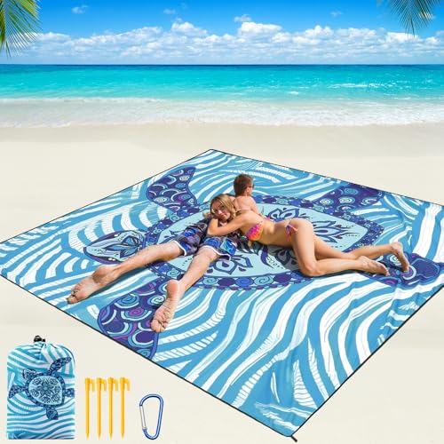 WIWIGO Beach Blanket Mat Waterproof Sandproof for 2-8 Adults Quick Drying | Extra Large, For 2-8 Adults,Windproof, Outdoor Picnic Mat, Beach Accessories Must Have,Gifts, for Travel, Camping, Hiking - color: Blue Sea Turtle - Line Base, size: 79" X 83"（1-4