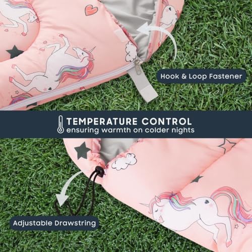 Wake In Cloud - Kids Sleeping Bag for Girls Toddlers, Camping in Warm Cold Weather, Backpacking Lightweight Compact Outdoor Liner for 3 Seasons, Unicorns Stars Hearts - color: Light Pink