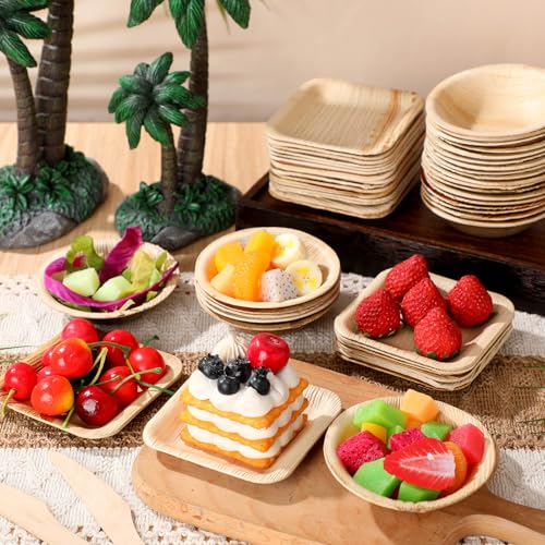 50 Pcs Disposable Palm Leaf Bowls Plates Set for Rabbits 4", Sturdy Bamboo Party Bowls Decorative Compostable Tableware for Bunnies Birthday Outdoor BBQ Picnic Wedding