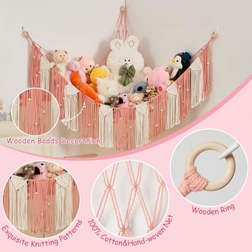 Stuffed Animal Hammock with Weaving Tassels and Beads Leather Pink - color: Leather Pink