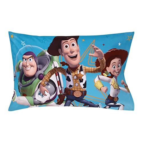 NoJo Disney Toy Story It's Play Time Blue, Green, and White, Woody and Buzz 2 Piece Toddler Sheet Set - Fitted Bottom Sheet and Reversible Pillowcase - color: Toy Story It's Play Time