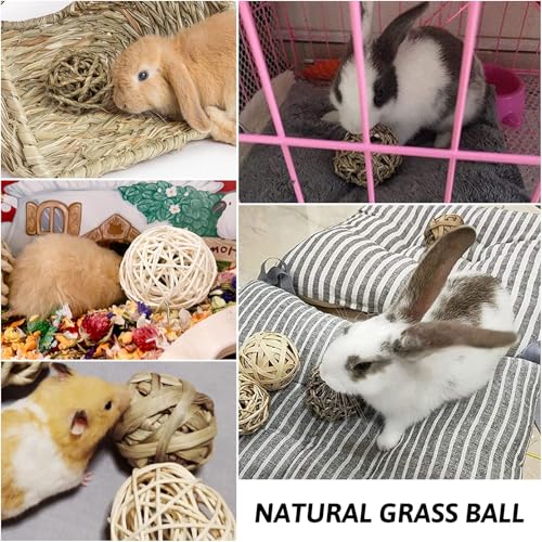 PINVNBY Guinea Pig Grass House Bunny Hay Hideout Tunnel Small Pet Straw Hut with Chew Toys for Bunny Hamster Rat Chinchilla Hedgehog Gerbil (Ball at Random)