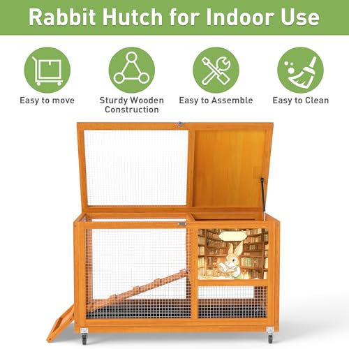 COZIWOW Wooden 36Inches Rabbit Hutch Indoor with Wheels Bunny Cage Outdoor Rabbit Cage with Clean Tray, Openable Roof, Anti-Slip Ramp for Small Bunny (Orange with Pattern) - color: Orange with Pattern