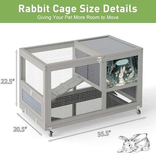 COZIWOW Fashionable Wood 36In Rabbit Hutch Indoor on Wheels Bunny Cage Outdoor Rabbit Cage with Clean Tray, Openable Roof, Anti-Slip Ramp for Small Bunny Rabbit (Grey with Pattern) - color: Grey