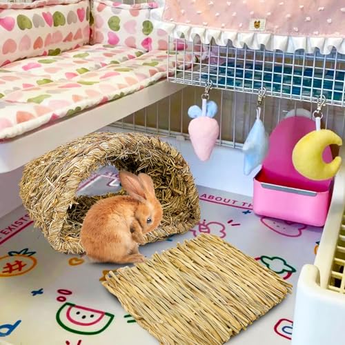 Hamiledyi Bunny Grass Tunnel,Rabbit Grass Bed,Natural Straw Woven Mat Winter Warm Hideaway Hut for Rabbit Gerbil Ferrets Guinea Pig Chinchilla (Small). - size: Small(8.7x7.9x6.3in)