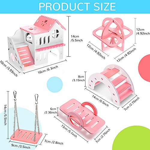 Skylety 5 Pcs Hamster Toys Include Wooden Accessories Hamster House Guinea Pig Hideout Rainbow Bridge Seesaw Swing Exercise Circle Cage Toy for Small Animals(6.3 x 3.93 x 5.5 inch,Pink) - color: Pink