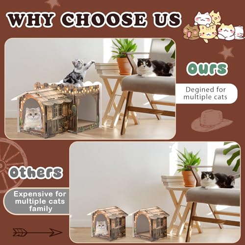 Lineshading 2 Story Cardboard Cat House with Scratcher Pad, Multi Level Durable Cat Scratcher House for Small Kitten Bunny Rabbit Animals Christmas Birthday Gift(17x12x10,Western) - style: Western