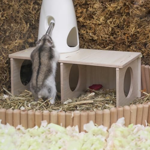 Hamster Peep Tunnel, 2-Chamber Wooden Hamster Hideout, Water-Resistant Platform for Dwarf Hamsters and Small Pets, 8.3" x 4.3" x 3.1" - size: Medium for Dwarf Hamster