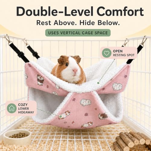 Small Pet Hammock & Tunnel Set for Ferrets, Guinea Pigs, Rats - Plush Hideout Bed & Cage Toy, 2-Pack, Pink Guinea Pig Print - color: Pink