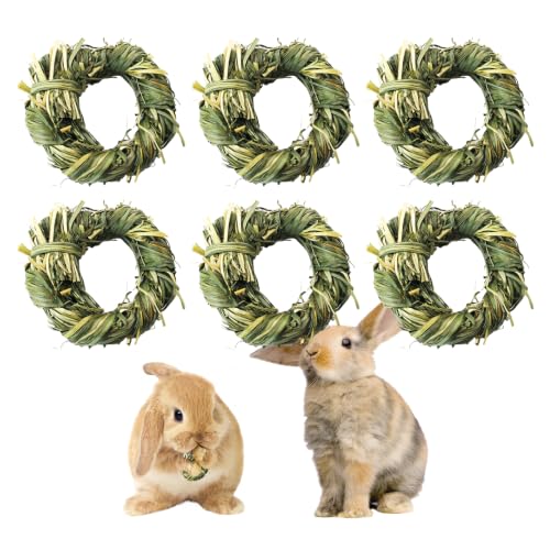 6PCS Timothy Hay Toy for Rabbits Bunny Chew Toys for Teeth Timothy Hay Rings for Small Animals Guinea Pigs Chinchillas Hamsters Bunnies Digestion Care