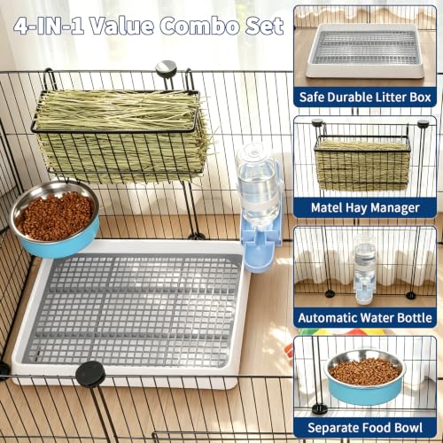 FHTONGE 4 in 1 Guinea Pig Litter Box with Feeder Combo Set for Cage | Metal Hay Rack, Water Bottle, Food Bowl, Low Entry Trainer Tray, Bunny Toilet and Feeder for Small Animal Rodent Ferret Rat - size: 14.6x12x2.6"(40x30x6cm)