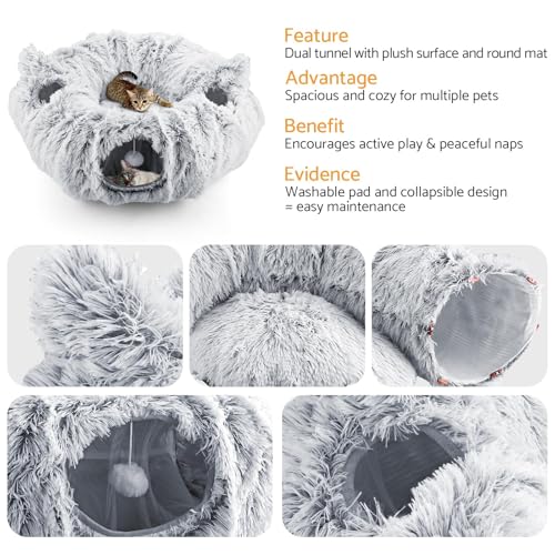 Cat Tunnel Cat Bed for Indoor Cats,Christmas Tree cat Tunnel 3-in-1 Foldable Plush Donut Tunnel with Washable Cushion, Peekaboo Cat Cave with Ears for Kittens, Puppy, Rabbit (Gray) - color: Gray