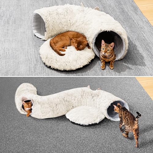 Cat Tunnel with Cat Bed for Indoor Cats, Soft Plush Peekaboo Cat Cave Donut Tunnel, Multifunctional Playground Toys Hideplace for Small Medium Large Kittens, Rabbit, Ferret (Cream White) - color: Cream white