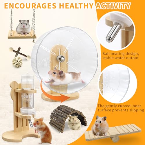 20 Pieces Hamster Cage Accessories, Wooden Hamster Wheel Toys, Water Bottle | 9.45 In Silent Hamster Wheel, Chew Toys Set, House And Water Bottle with Stand for Chinchillas Guinea Pig Rat Small Animals