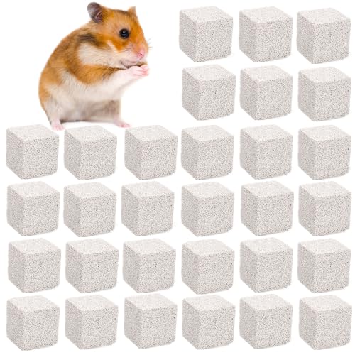 DEAYOU 30 Pack Small Animal Lava Bites, Hamster Teeth Grinding Block, Bunny Chew Toys, Natural Mineral Calcium Square Stone for Chinchilla, Squirrel, Rat, Parrot, Rabbit, Guinea Pig, 1.57"×1.57"×1.57"