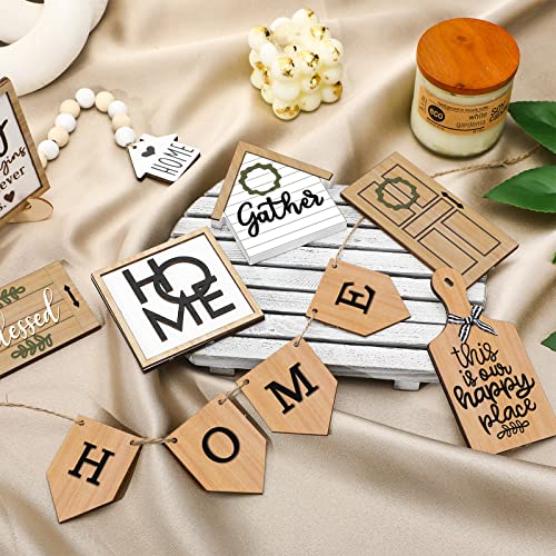 FairySandy 11 Pcs Home Tiered Tray Decor Gather Rustic Farmhouse Tiered Tray Decorations Set Home Wooden Signs Vintage Farm Animal Farmhouse Tabletop Wood Signs for Kitchen Table Shelf Decor - style: Elegant