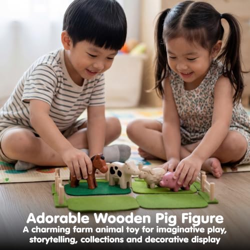 PlanToys® Wooden Pig Montessori Kids Farm Animal Figurine Creative Play Toy | pig wooden figurine, montessori imaginative play, language development social interaction coordination, animal figure, kids t - color: Pig