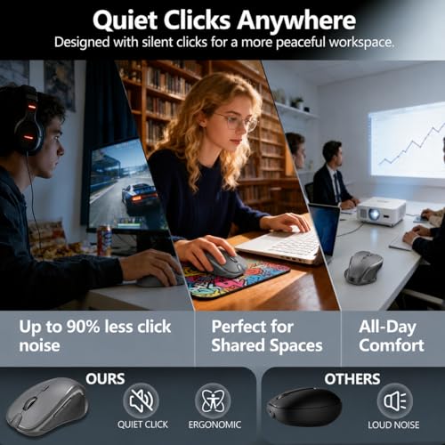 Bluetooth Ergonomic Mouse for MacBook & iPad, Built-in Jiggler,Gray | Bluetooth 5.2/3.0 + 2.4G USB-C/USB-A, Silent Rechargeable Mice For Home Office, Study, Laptop, PC, Work, Travel, Students - color: Gray