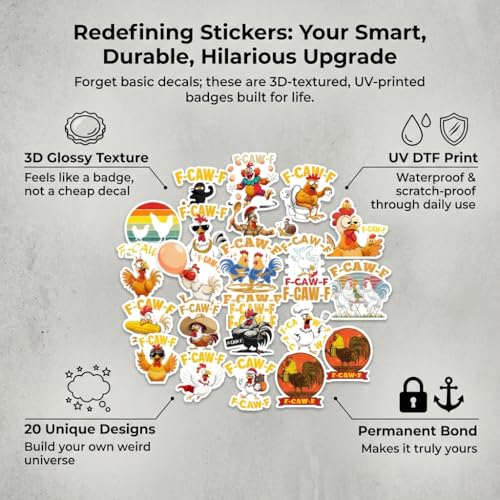 F-CAW-F Chicken Cup Stickers 20 Pack – Funny Rooster UV DTF Transfer Decals, 3D Waterproof Crystal Stickers for Tumblers, Cups, Water Bottle Laptop Windows - style: 20Pcs F-CAW-F Chicken Cup Stickers