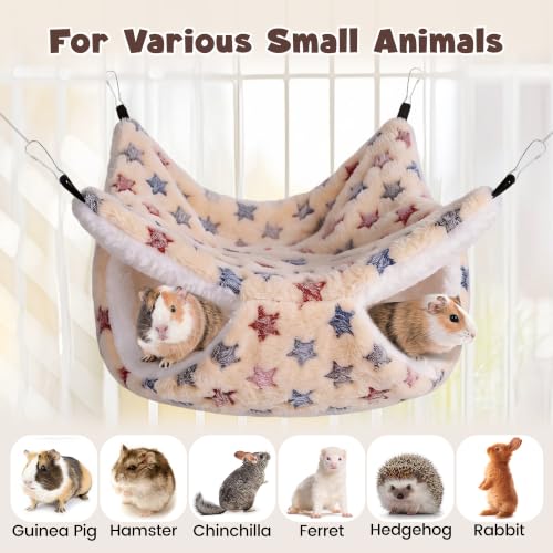 MCEAST 4 Pieces Small Pets Cage Accessories Hanging Hammock Sleeping Bag Tunnel and Bed Hideout Set Warm Sleep Nap Sack Bed for Hamster Ferret Squirrel Rabbit, Light Brown and Gray Stars - style: Brown+Gray Stars