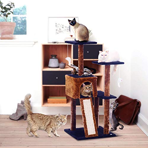 Cat Tree Condo Tower with Scratching Posts - Kitten Perch Furniture Play House, Durable Sisal Wrapped, with Mouse Moving Cat Toy, Climbing Platform - Dark Brown/Blue, 44" x 22" x 22"