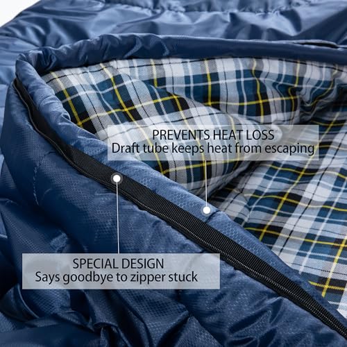 HiZYNICE Sleeping Bags for Adults XXL Cold Weather | 100% Cotton Flannel Winter Camping Large 90 x 39 in,Compression Sack Included - color: Blue, size: 0F Right Zip