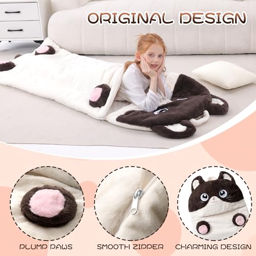 70" 4.2lbs Kids Sleeping Bag with Pillow Brown Cat Toddler Nap Mat | Sleep Sack 2-in-1 Sleeping Mat&Blanket Washable Rolls Up W/Handle For Daycare Kindergarten Thick Soft & Portable In Gift Box - color: Cat-Brown