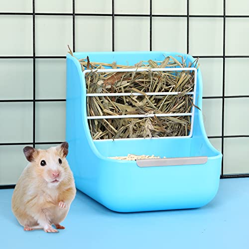 Kacctyen 4 Pcs Hay Feeder Bunny Hay Rack Manger Hay Food Bin Feeder Hanging Feeder Dispenser Double Use for Grass and Food Blue Guinea Pig Food Bowl Chinchilla Hay Holder for Small Pets