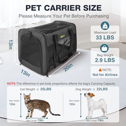 Cat Carrier 20"x13"x13", Foldable Soft-Sided Travel Pet Bag | Designed for cats and small pets with sturdy frame support, breathable mesh and seat belt compatibility for safe car travel. - color: Black, size: 20x13x13 In