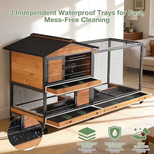 Large Rabbit Hutch Indoor Outdoor, Wooden Bunny Cage with Metal Frame, Chew-Proof Ramp, 3 Leakproof Pull-Out Trays, Rolling Wheels with Locks, Multi-Door Easy Access Small Animal Cage - color: Black-AIR19-X