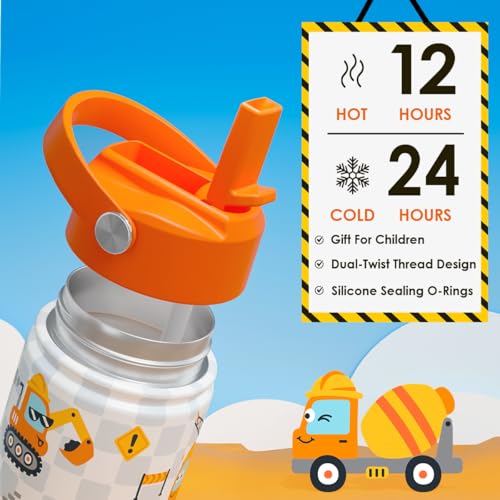 Construction Kids Water Bottle With Straw Lid 12oz Insulated Stainless Steel, Truck Travel Tumbler, Gifts For Boys, Birthday, Christmas, Back To School - color: Construction 1