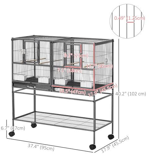 PawHut Divided Breeder Bird Cage with Rolling Stand Removable Metal Tray | Storage Shelf, Wood Perch, Food Container