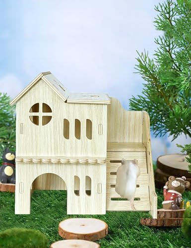 Hamster Hideout Cage Accessories - Hamster House and Habitat Wooden Hide Hut with Climbing Ladder for Dwarf Gerbils and Mouse Mice Rat Other Small Animals etc.