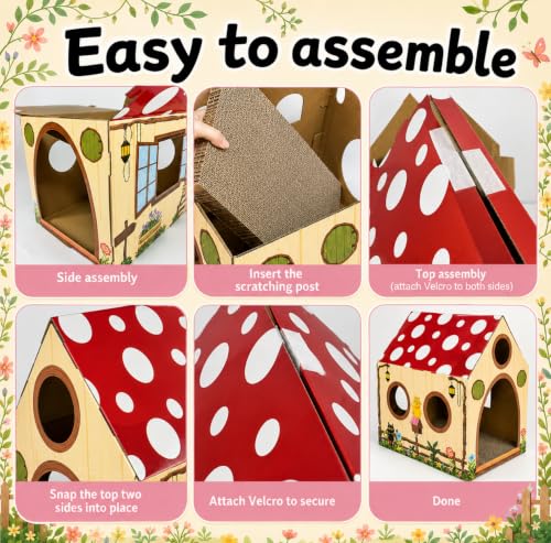 Cinrobiye Cardboard Cat House with Scratcher, Indoor Cat Condo Cat Cave Hideout with Scratch Pad, Cardboard Cat Playhouse Bed for Cats, Kittens, Rabbits & Small Pets (Mushroom) - color: Mushroom