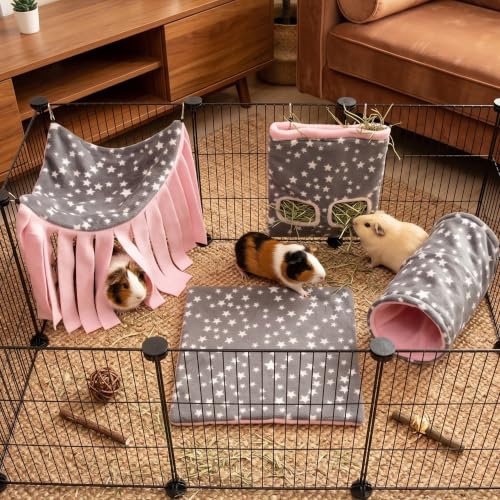 Guinea Pig Hideout, 4 Pack Tunnel & Mat & Corner Hide & Hay Bag | Soft Fleece Small Animal Hideaway Set Cage Accessories for Guinea Pig, Rabbit, Ferret, Chinchilla, Hedgehog - size: 4 pack