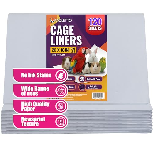 VIOLETTO 120 Sheets Pre-Cut Bird Cage Liners - Unprinted Plain Newsprint Paper, 20" x 18" - Highly Absorbent & Ink-Free Pet Habitat Liners for Parrots, Rabbits & Guinea Pigs | Pre-cut, Unprinted Plain Newsprint Paper, Highly Absorbent & Ink-Free, For Parr