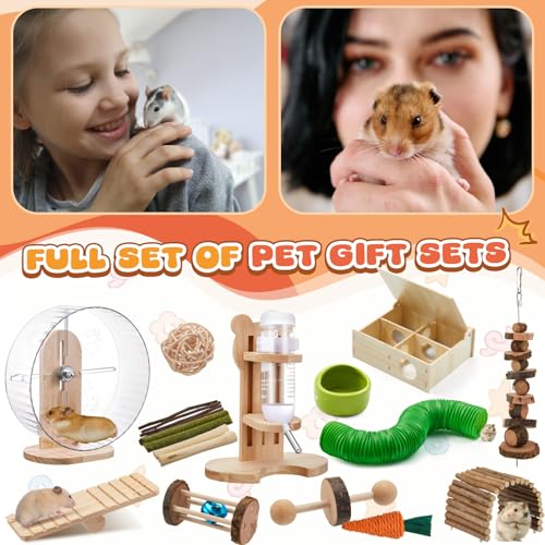 20 Pcs Hamster Toys Set, 16 Small Animal Chewing Toys, Maze Wood House, Silent Exercise Running Wheels and Water Bottle Set Feeding Bowl for Hamster Habitat Rat Cage Accessories(Green) - color: Green