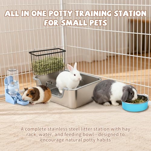 BWOGUE Stainless Steel Rabbit Litter Box, Bunny Litter Box with Hay Feeder | Raised Grid Separates Waste, High Sides Help Reduce Mess, Hay Feeder & Waterer, Easy to Clean, Guinea Pigs & Small Pets - size: S:15.7in ×11.8in × 5.9inches