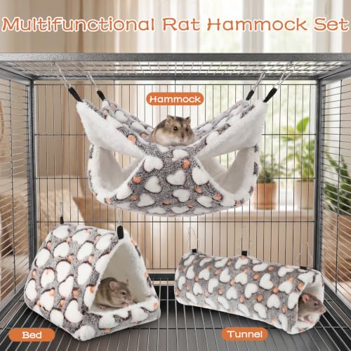 4 Pieces Ferret Hammock Set Ferret Cage Accessories Cozy Hanging Bed Tunnel Hideout Coffee Hearts Soft Coral Fleece Arctic Fleece for Hamster Guinea Pig Rat Squirrel
