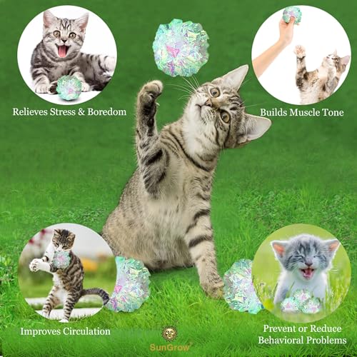 SunGrow Mylar Cat Crinkle Balls, 2", Shiny and Stress Buster Toy, Lightweight and Great for Use in Craft Projects, Toy Ball Suitable for Both Feline and Kids, Kitten Chew and Chase Balls for Exercise - size: 12 Pcs