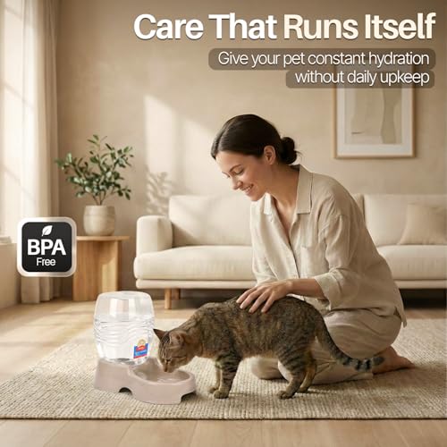 Flexzion Gravity Pet Water Dispenser for Cats & Small Dogs, 1/4 Gal Beige | Automatic Cat and Dog Waterer with 900 Ml Reservoir, Non-Skid Feet, Recessed Carry Handle, and Easy-Clean Pp Bowl - color: Beige, size: 1.5 L