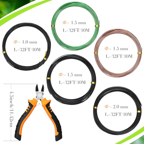 Mudder 5 Roll Aluminum Bonsai Training Wire Tree 1/1.5/2.0mm 160 Feet Total with Bonsai Wire Cutter Anodized Training for Holding Branches Small Trunks(Classic) - color: Classic, size: 1/1.5/2.0mm