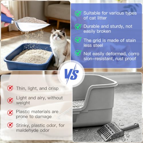 Cat Litter Scoop - Metal Cat Litter Scoop - Stainless Steel Scoop for Cats - Sturdy Metal Mesh - Rubber Handle - Easy to Clean, Suitable for Cat Litter Boxes (Blue) - color: blue